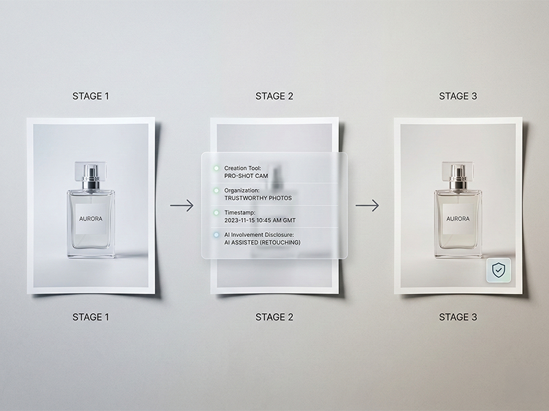 C2PA content credentials three stages — unverified credentialing verified AI visual asset