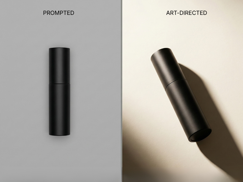 Difference between art-directed and prompt-only AI product photography
