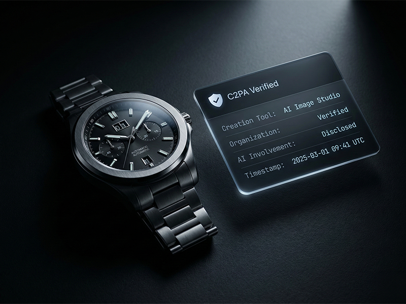 C2PA content credential panel embedded in AI-generated product photo