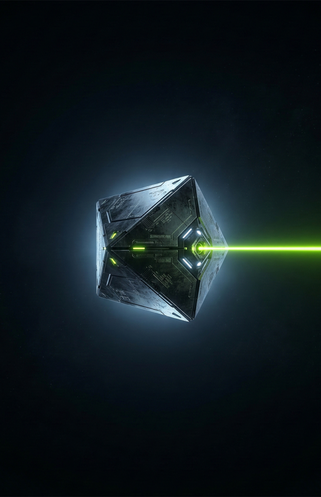 Dark metallic node emitting a precise lime green signal beam into black void — Virtanica dialogue initiation visual