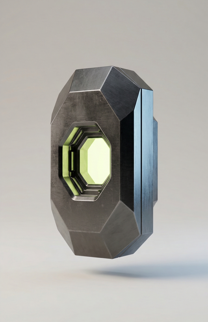 Dark metallic form with open aperture and lime green interior glow on soft gray background — Virtanica dialogue readiness visual