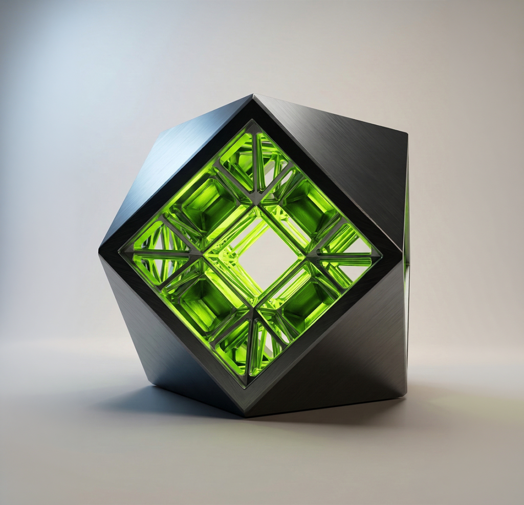 Dark metallic object with open face revealing lime green interior structure on soft gray background — Virtanica verifiable standards visual