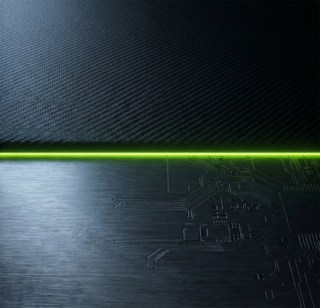 Two dark metallic surfaces of contrasting materials meeting at a horizontal lime green edge line — Virtanica dual discipline positioning visual