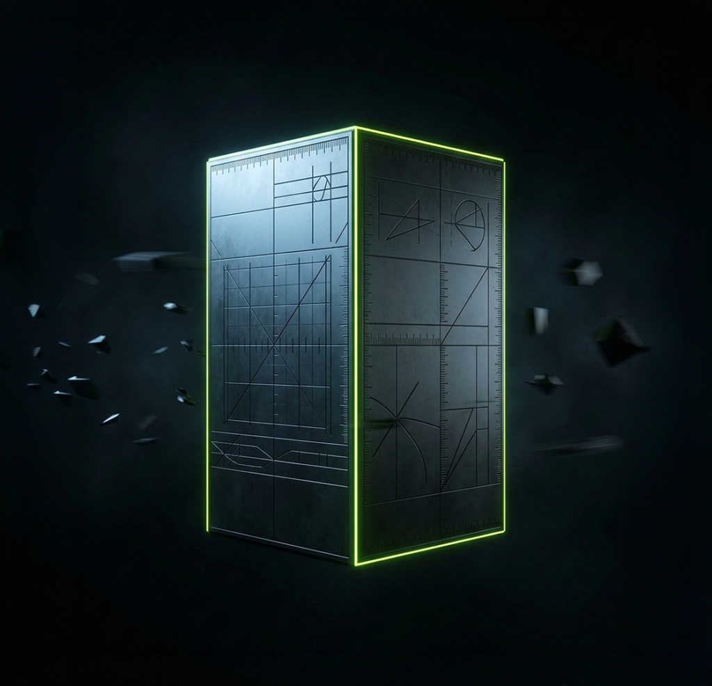 Dark metallic block with lime green corner edges standing unmoved amid passing motion — Virtanica non-negotiable standards visual