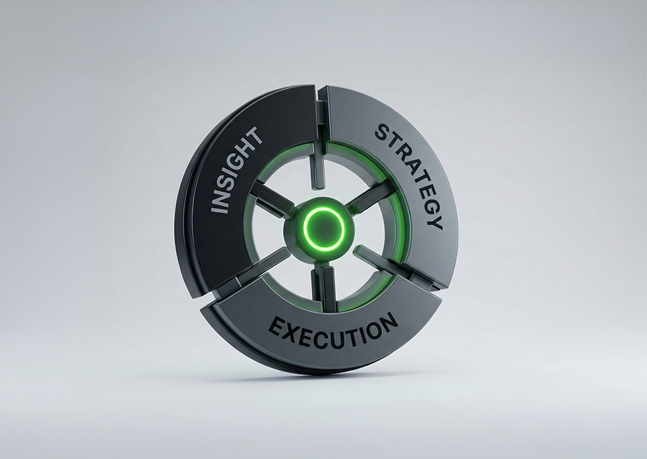 Dark metallic three-segment wheel with lime green verified core on soft gray background — Virtanica three disciplines convergence visual