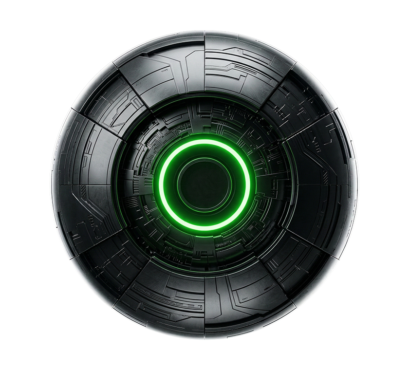 Dark metallic sphere with three concentric discipline layers and lime green verified core on soft gray background — Virtanica three disciplines visual