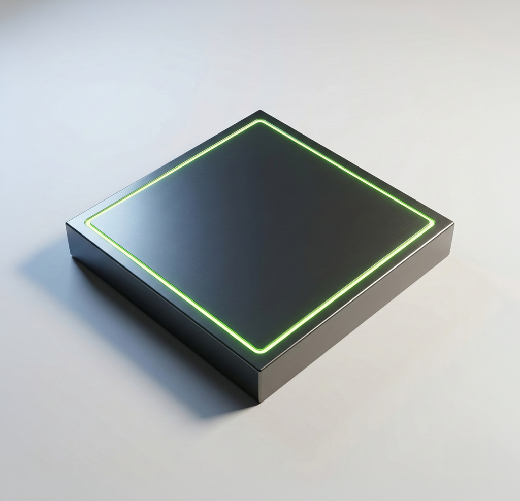 Dark metallic plinth with lime green perimeter border on light gray background — Virtanica pre-production strategy visual