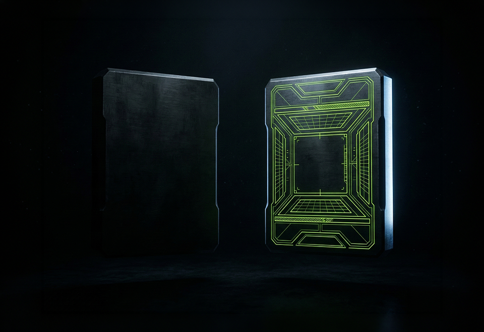 Two identical dark metallic slabs side by side — one anonymous and unlit, one lime green credential-engraved and verified — Virtanica provenance visual