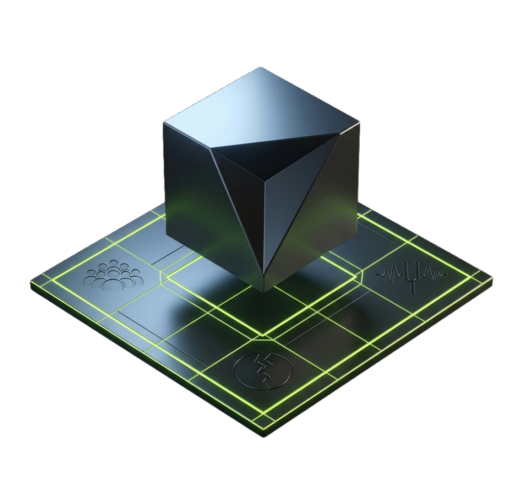 Dark metallic form elevated above a lime green engraved brief base plane on black background — Virtanica AX Design strategy-first visual