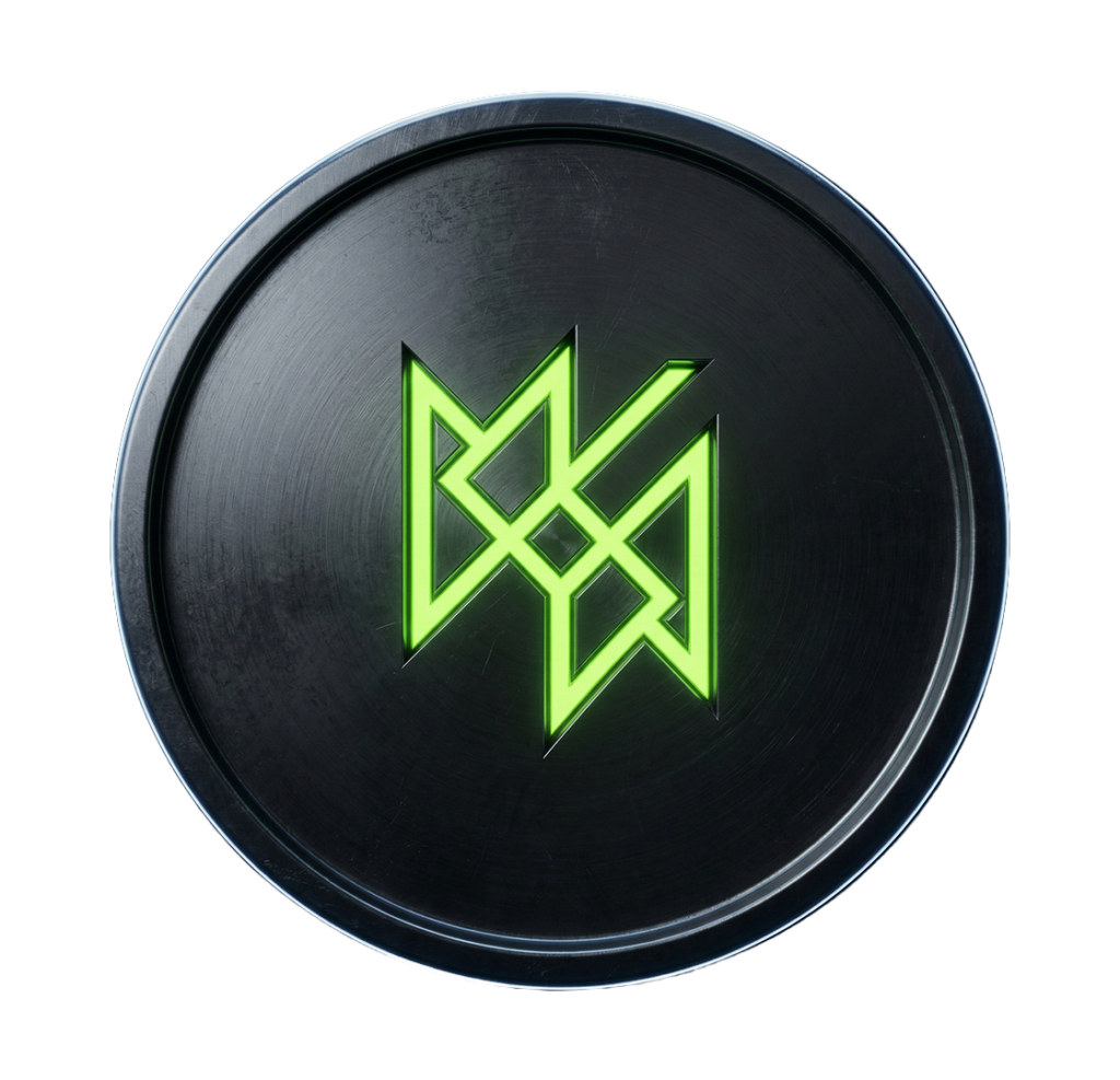 Dark metallic disc with single precision lime green engraved mark at center on black background — Virtanica operational stance visual