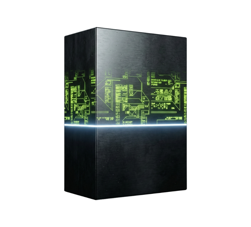 Dark metallic form with clinical blue-white scan line revealing lime green embedded data patterns on black background — Virtanica AX Design algorithmic evaluation visual