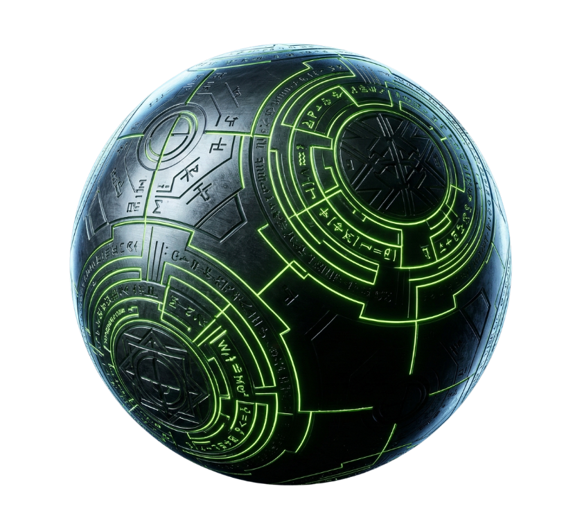 Dark metallic sphere with glowing lime green verification circuits — C2PA content credential visual by Virtanica