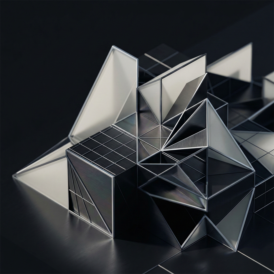 Abstract 3D geometric sculpture of interlocking metal and glass triangles on dark background, representing precision design and intentional structure