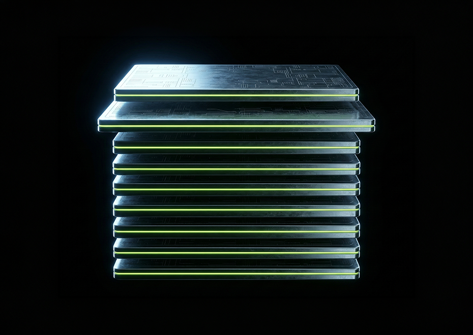 Stack of dark metallic record slabs with lime green index markers in void — defensible visual library by Virtanica