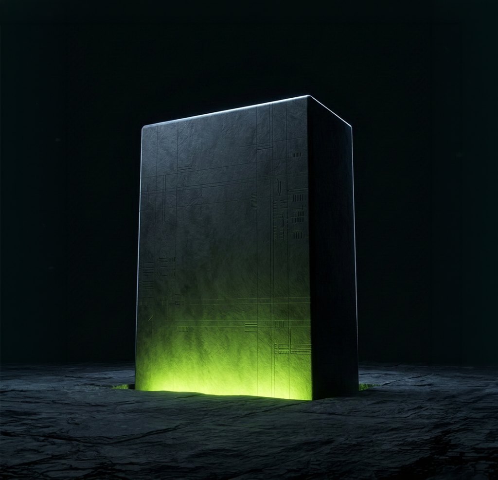 Dark monolithic block anchored in void with lime green base glow — C2PA early adoption visual by Virtanica