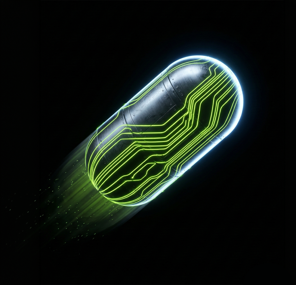 Dark metallic capsule with lime green embedded data stream in motion — C2PA credential visual by Virtanica